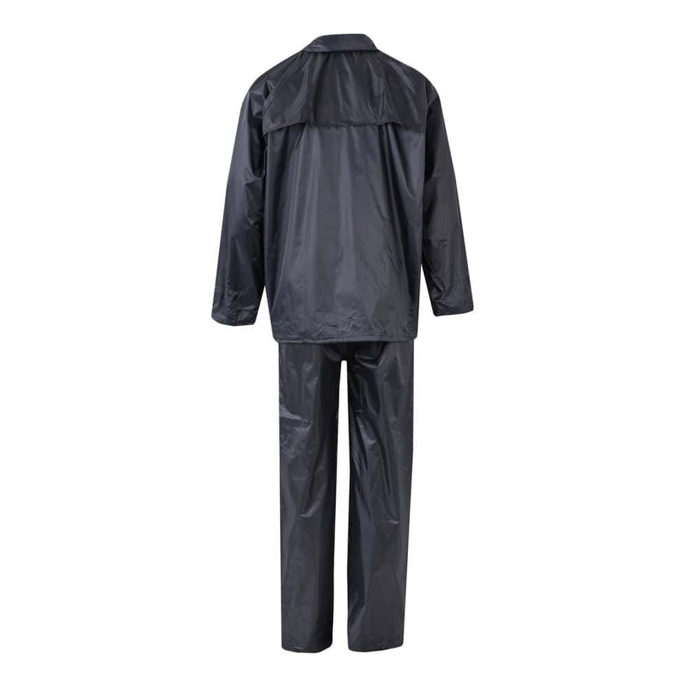Regndräkt i polyester (100%) med PVC-beläggning, tvådelad, svart för skydd mot regn.