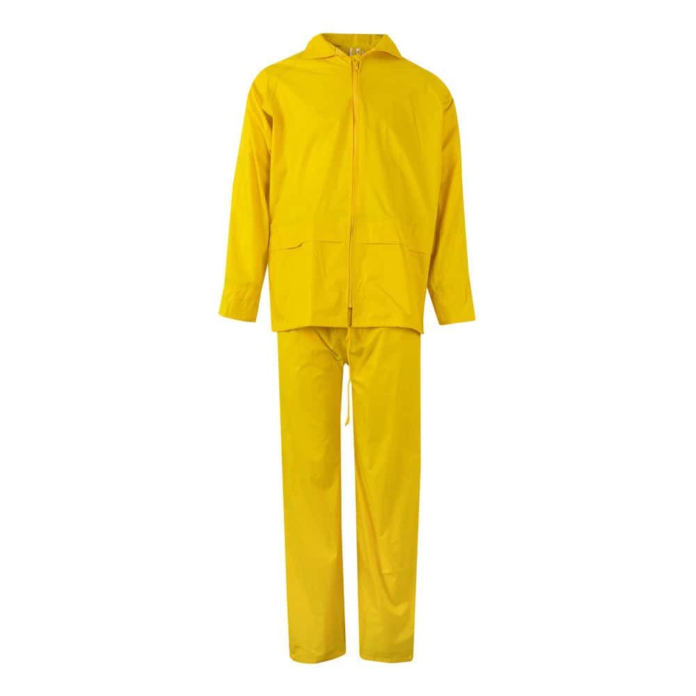 Regndräkt VL SEDNA i gul polyester med PVC-beläggning, tvådelad för skydd mot väder och vind.