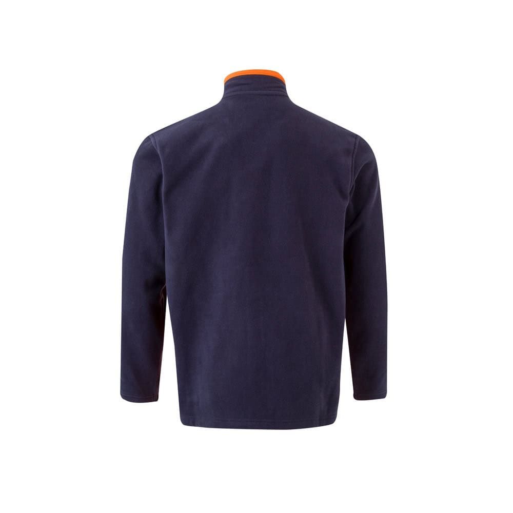 Mörkblå fleeceväst i polyester med orange detaljer, ryggvy.