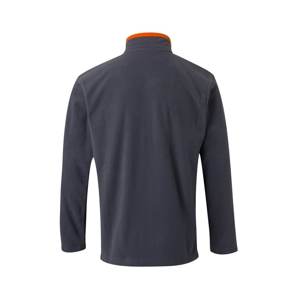 Mörkgrå fleecejacka i polyester med orange detaljer vid kragen.
