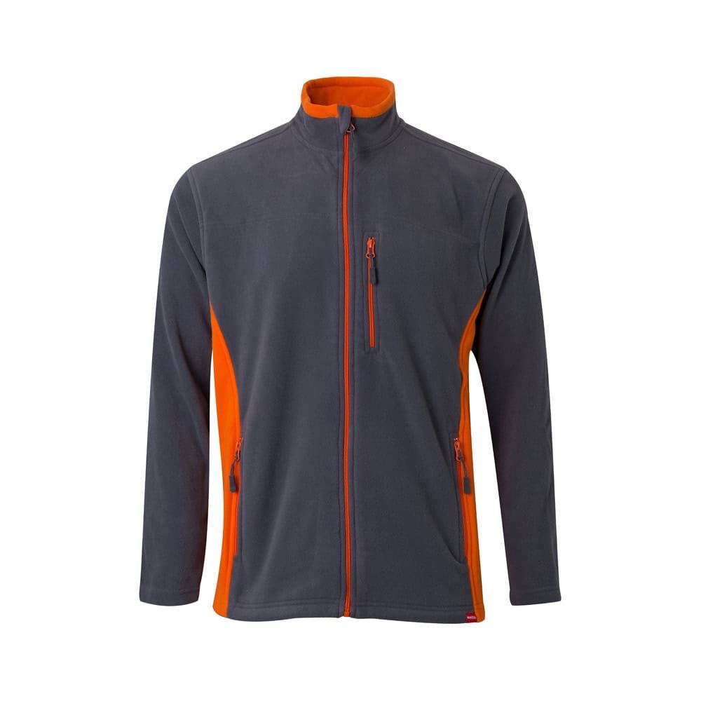 Fleecetröja i polyester med orange detaljer, perfekt för utomhusbruk.