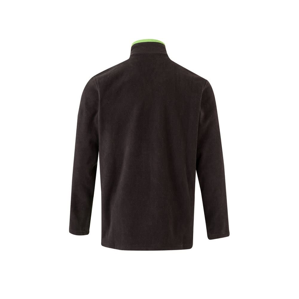 Svart fleeceväst i polyester med grön detalj vid kragen.