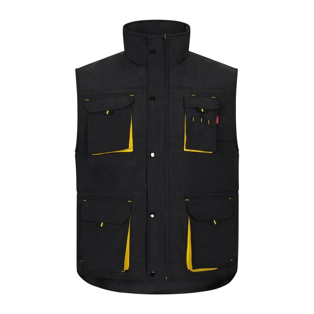 Svart vadderad väst med multifickor i polyester, tvåfärgad design.
