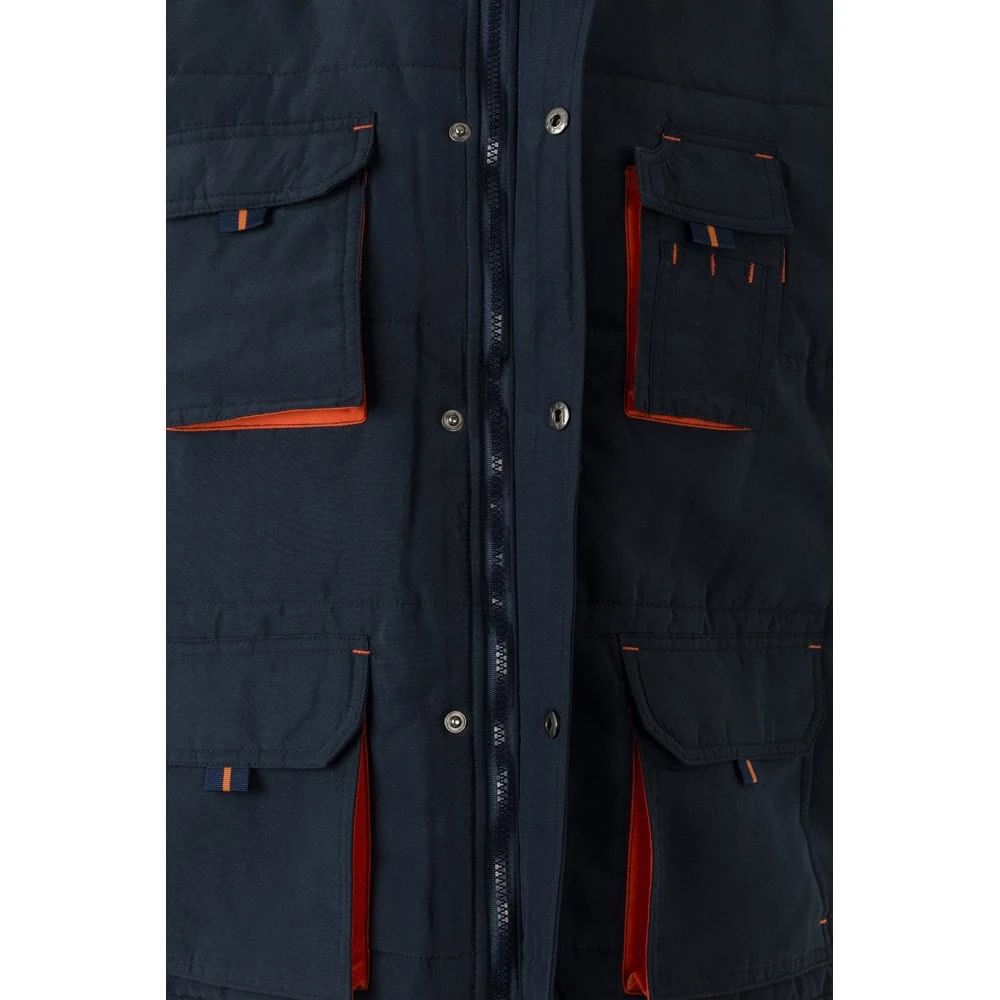 Vadderad väst med flera fickor i polyester, tvåfärgad design.