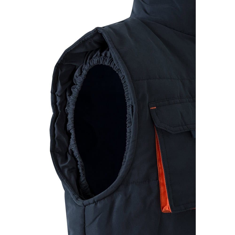 Vadderad väst i polyester med multifickor, tvåfärgad design, perfekt för arbetsbruk.