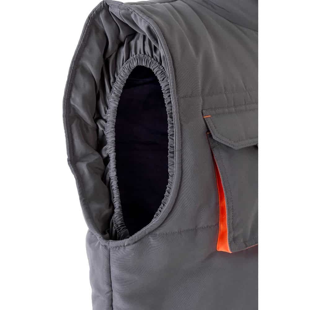 Vadderad väst i tvåfärgad polyester med multifickor, perfekt för arbetskläder och säkerhet.