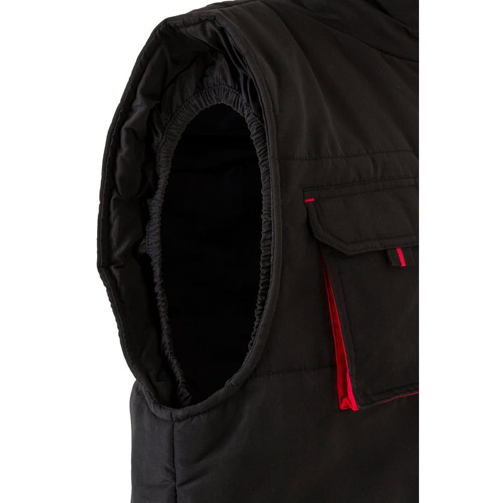 Svart vadderad väst med tvåfärgade detaljer och flera fickor i polyester.