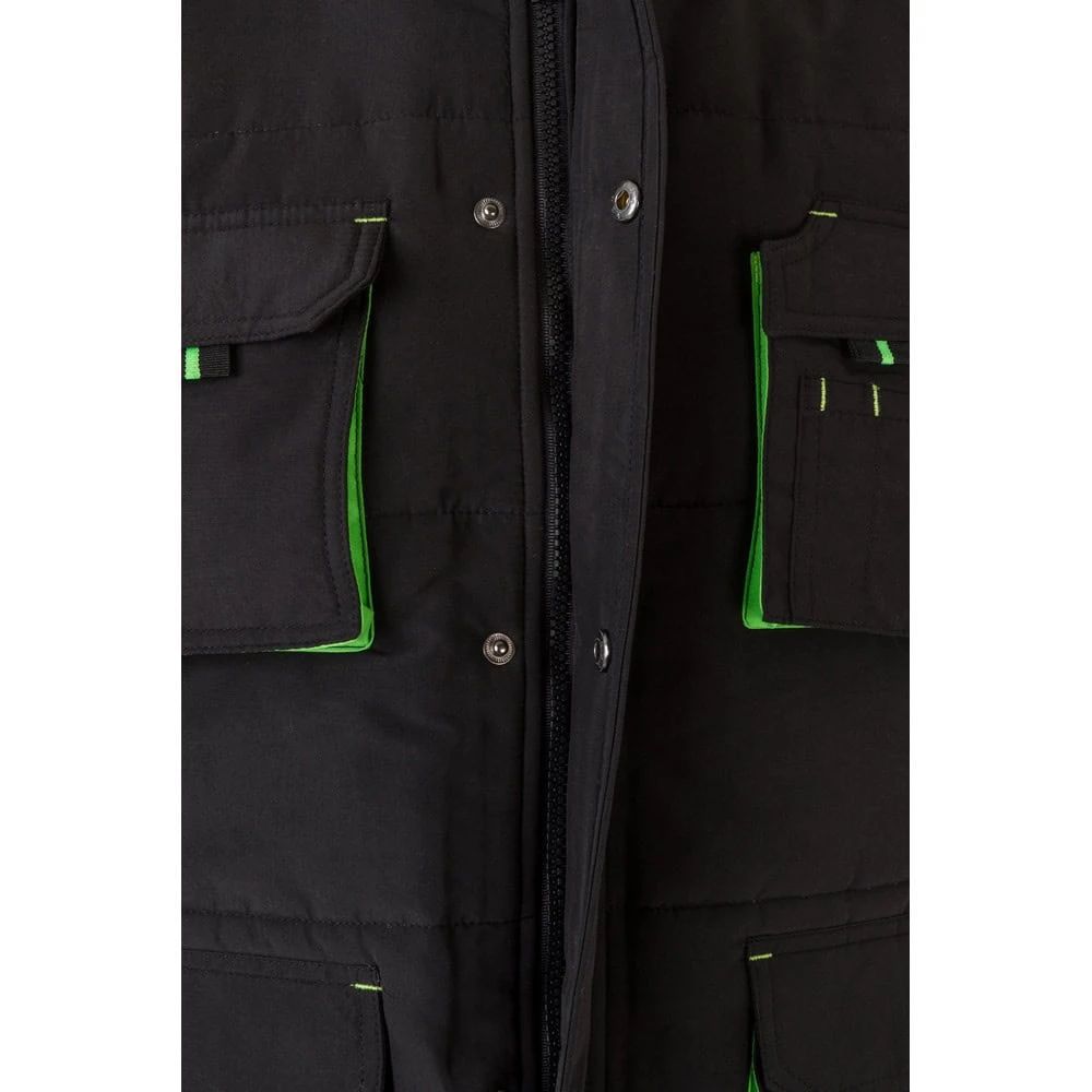 Vadderad väst med tvåfärgade fickor i svart och grönt, polyester 120g/m².