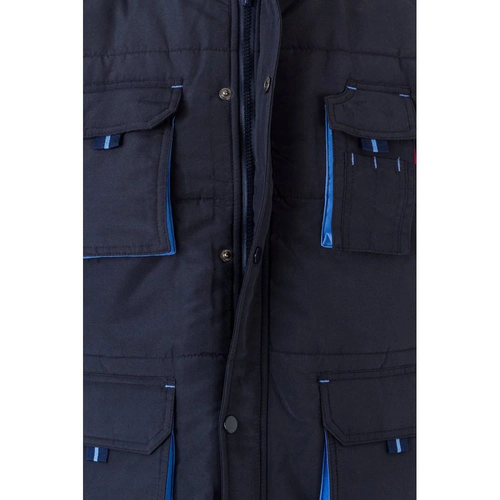 Vadderad väst i polyester med flera multifickor, tvåfärgad design.