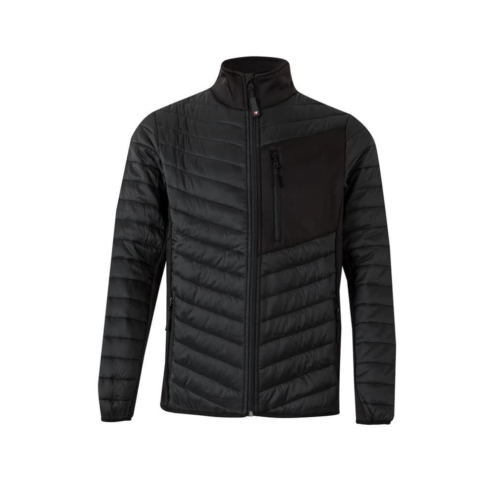 Svart vadderad jacka i polyester, lätt och värmande, perfekt för utomhusbruk.