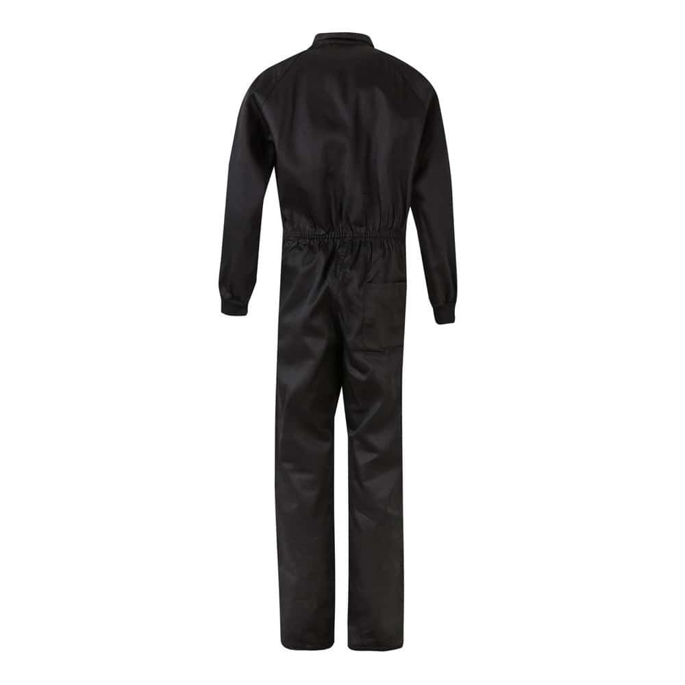 Svart twill jumpsuit i bomull och polyester, bekväm och slitstark arbetsklädsel.