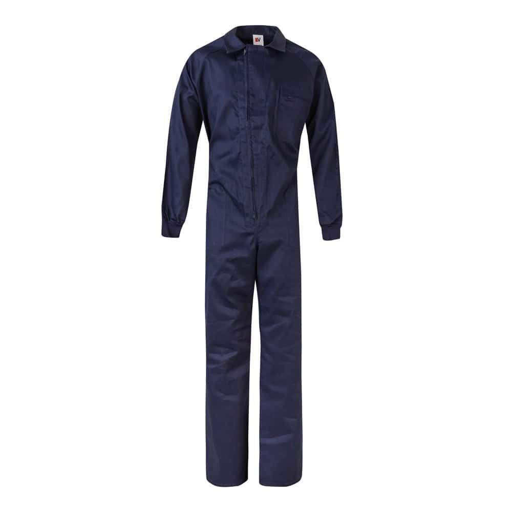 Mörkblå arbetsoverall i twill med dragkedja och elastiska ärmar.