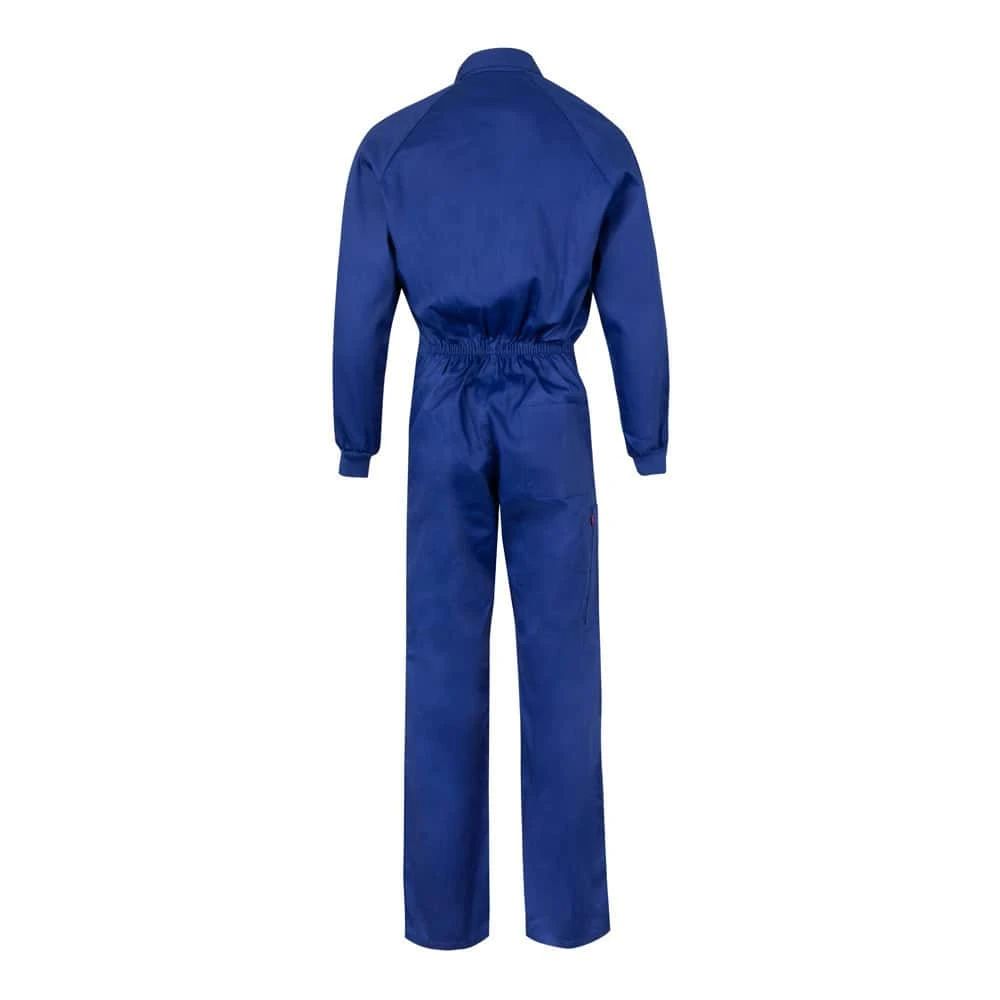 Blå twill jumpsuit i bomull och polyester, visad bakifrån.