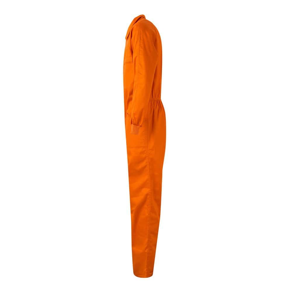 Orange twill jumpsuit i bomull och polyester, helbild från sidan.