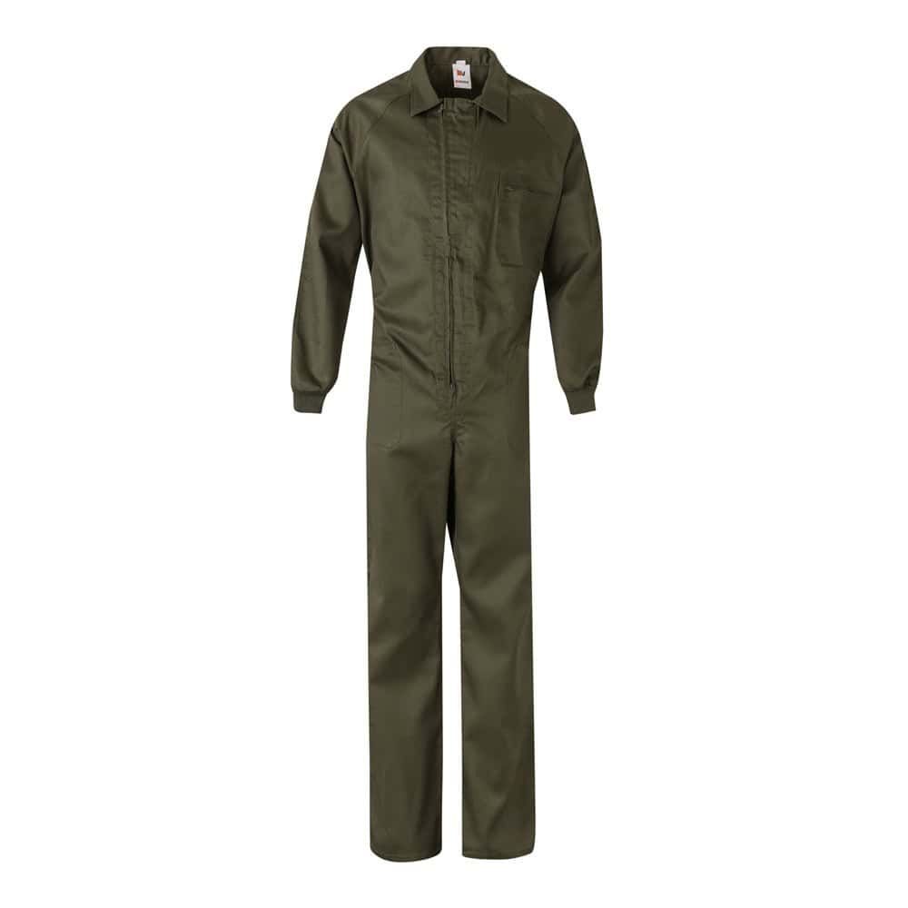 Olivgrön twill arbetsoverall i bomull och polyester, bekväm och slitstark.