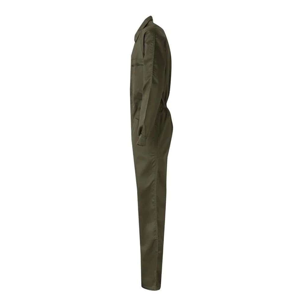 Olivgrön twill jumpsuit i bomull och polyester, helkroppsbild.