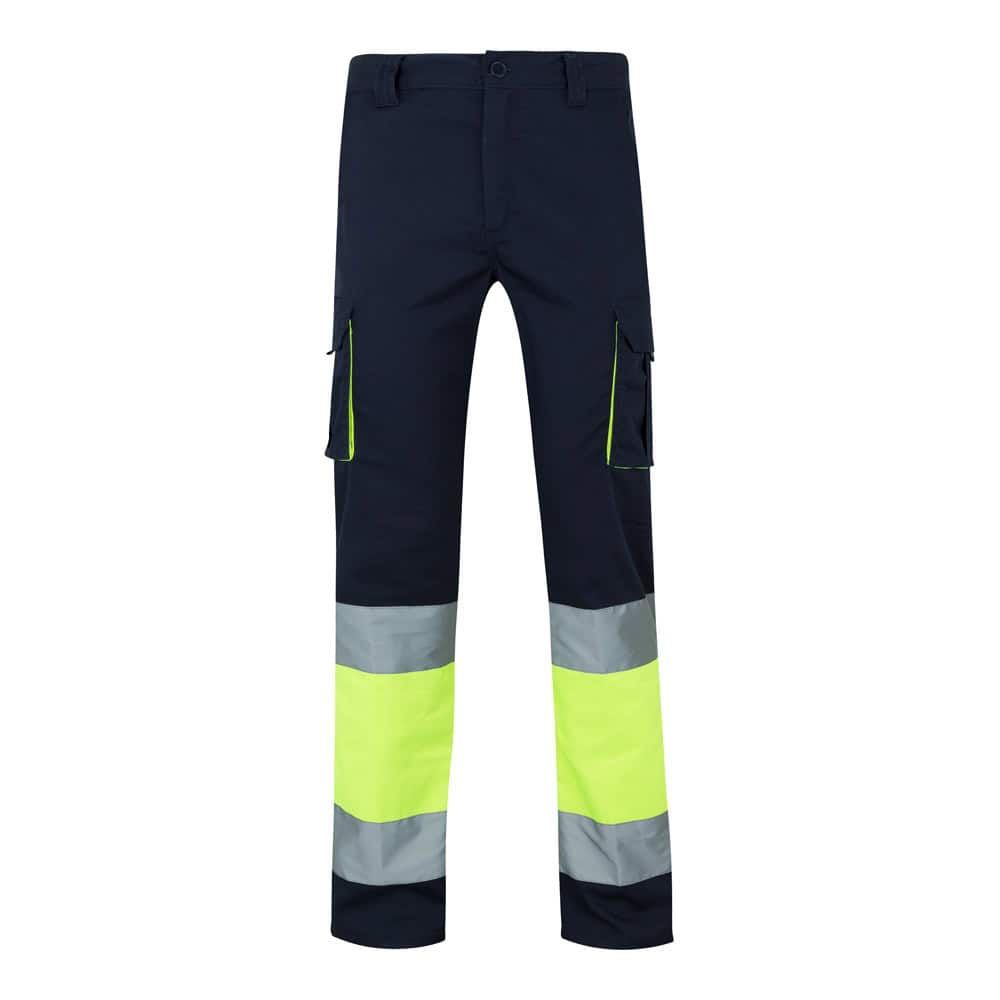 Högsynliga stretchbyxor ZEUS med fickor och reflekterande band för säkerhet. Perfekta för arbetsmilj.