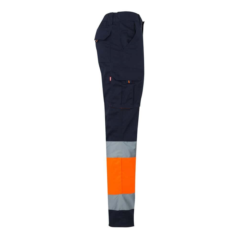 Svarta stretchbyxor med fickor och orange reflexdetalj, 240g/m².