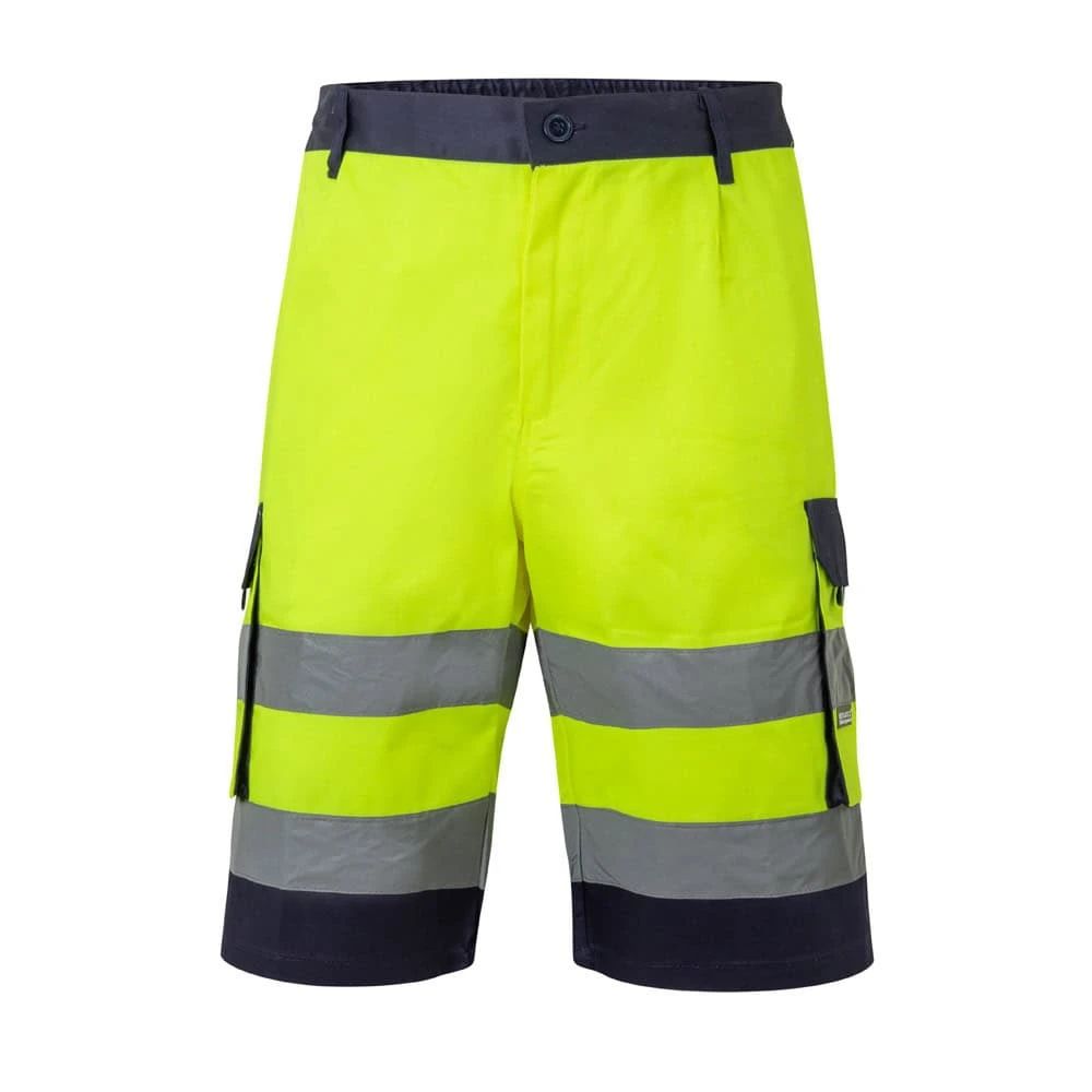 Högglansiga varningsbyxor i fluorescerande gult med reflekterande band och flera fickor.