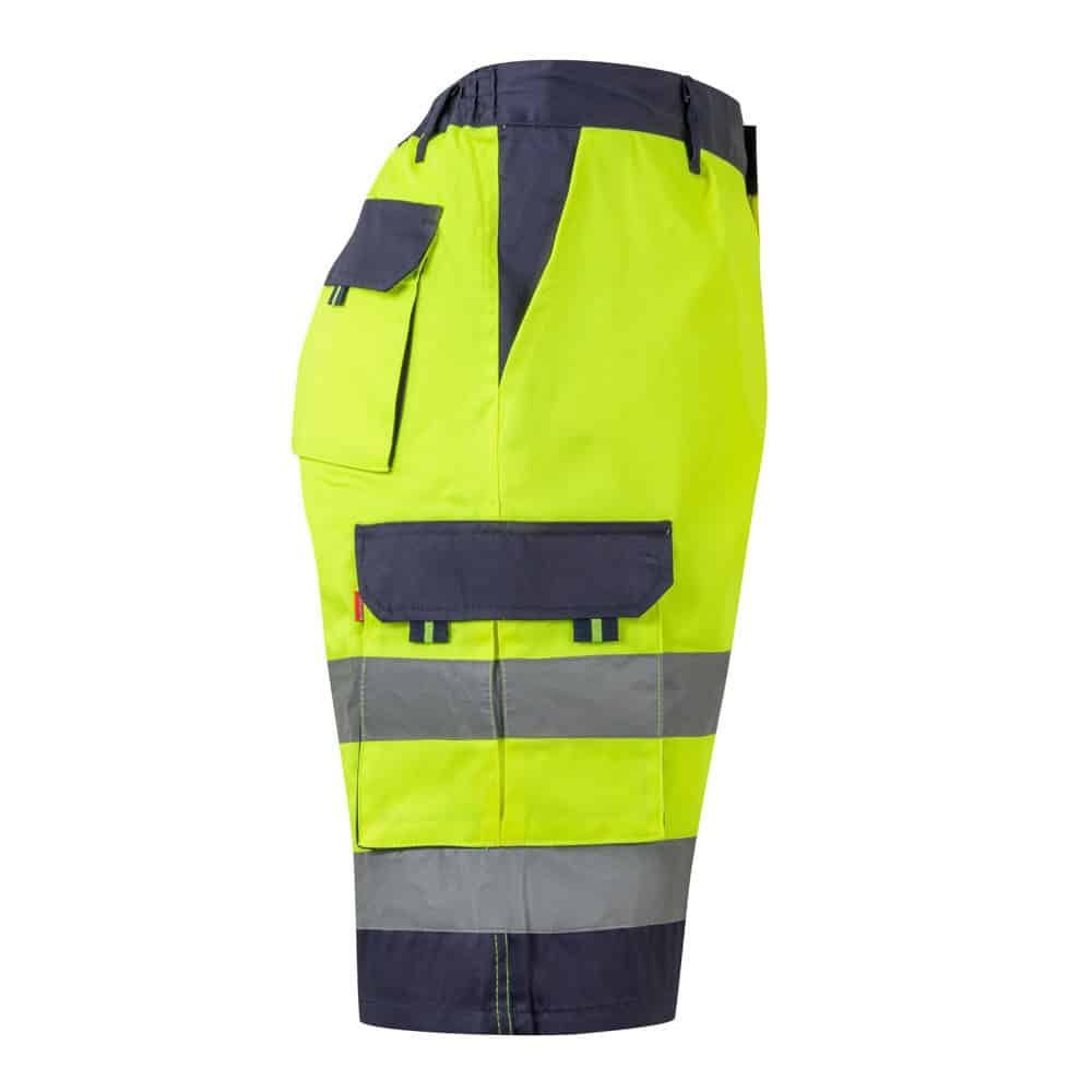 Höga synlighetsbyxor i fluorescerande gult med reflekterande band.