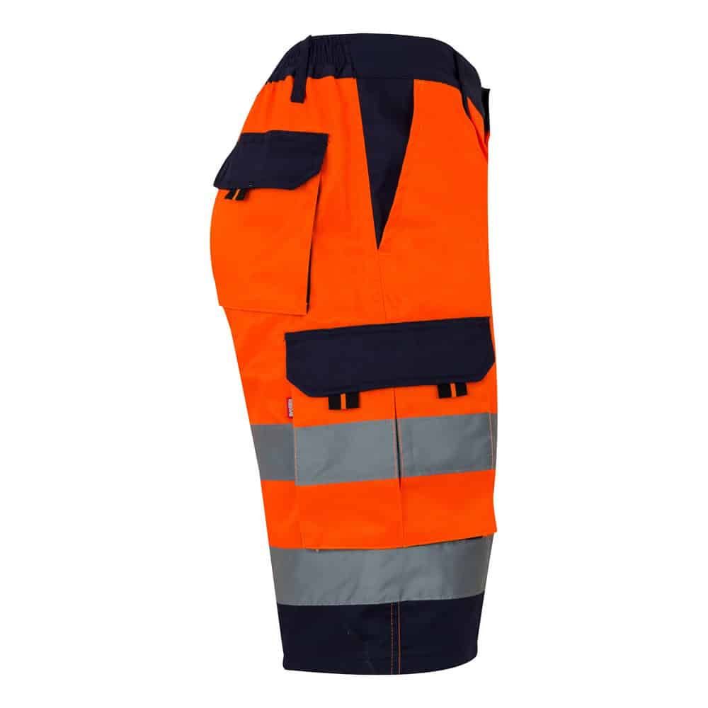 Orange och navy arbetsbyxa med fickor och reflexremsor.