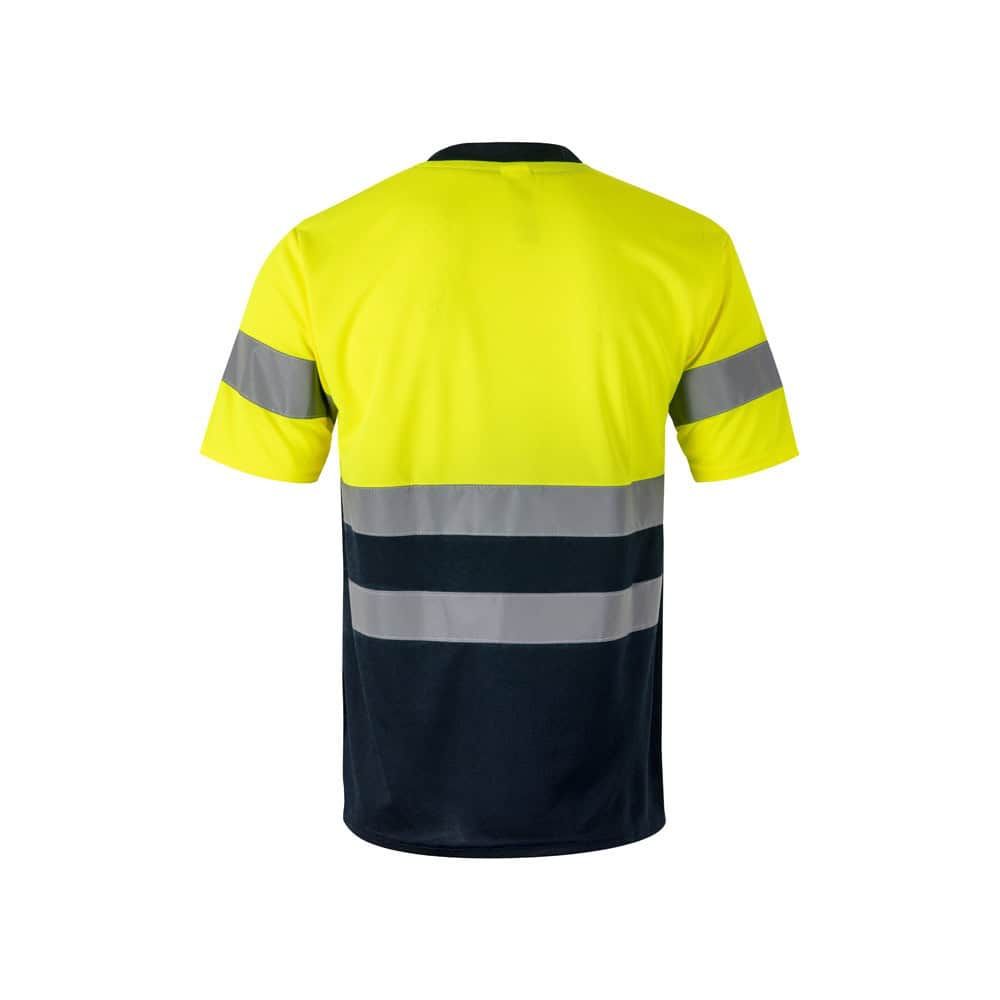 Reflexväst i polyester, tvåfärgad gul och svart, för säkerhet och synlighet.