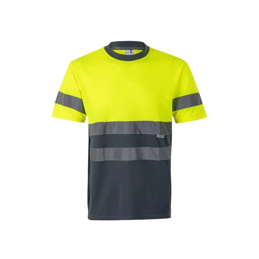 Tvåfärgad arbets T-shirt i polyester med reflekterande band för synlighet.