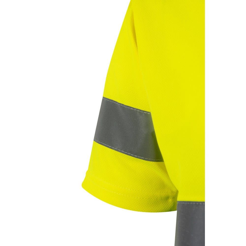 Närbild av en tvåfärgad reflex-T-shirt i polyester, gul och grå, för säkerhet.