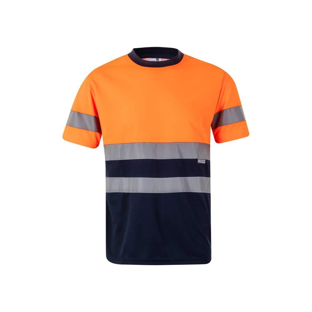 Shirt i polyester, orange och navy med reflekterande band för ökad synlighet.