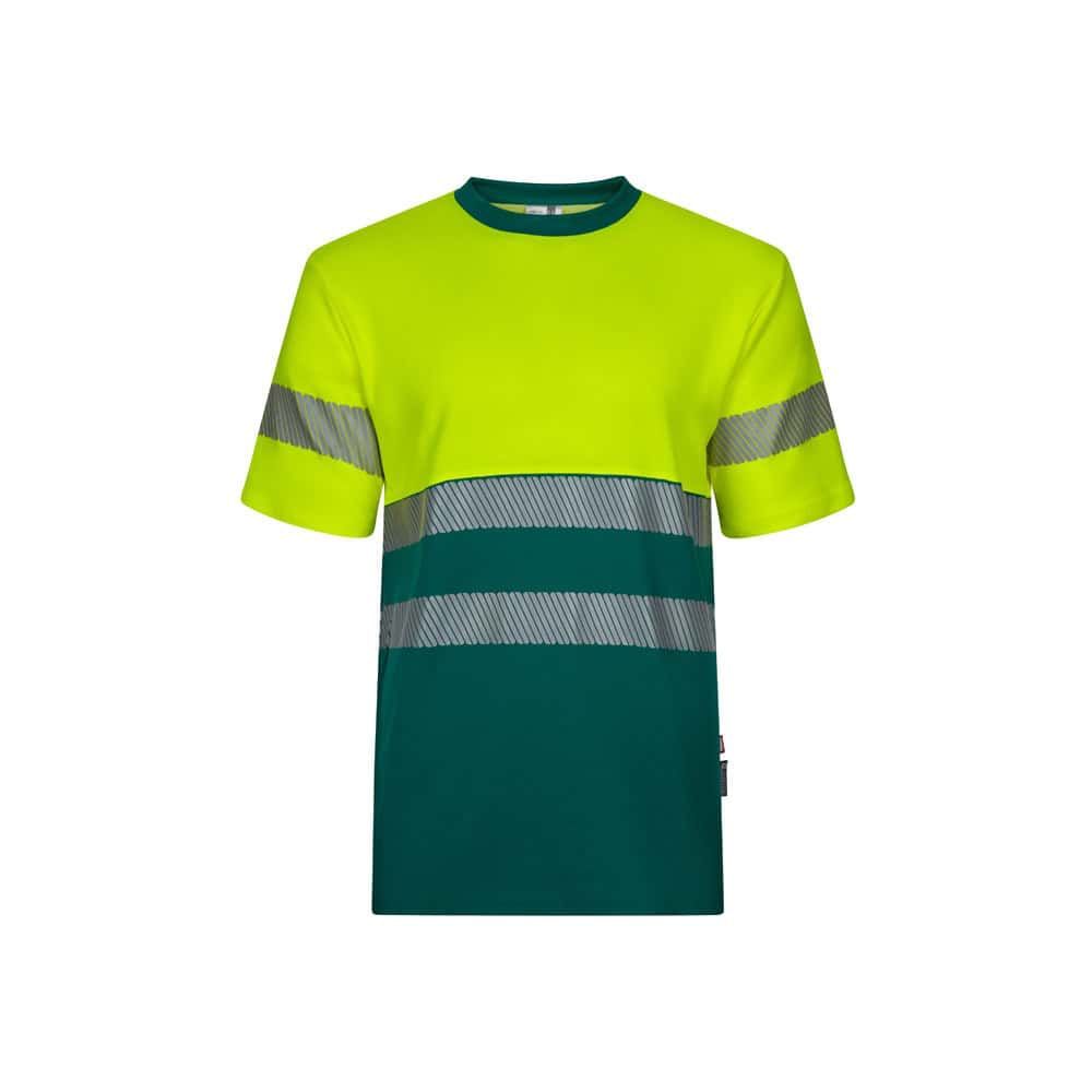 Fluorescerande och mörkgrön piké-T-shirt med reflexremsor för säkerhet.
