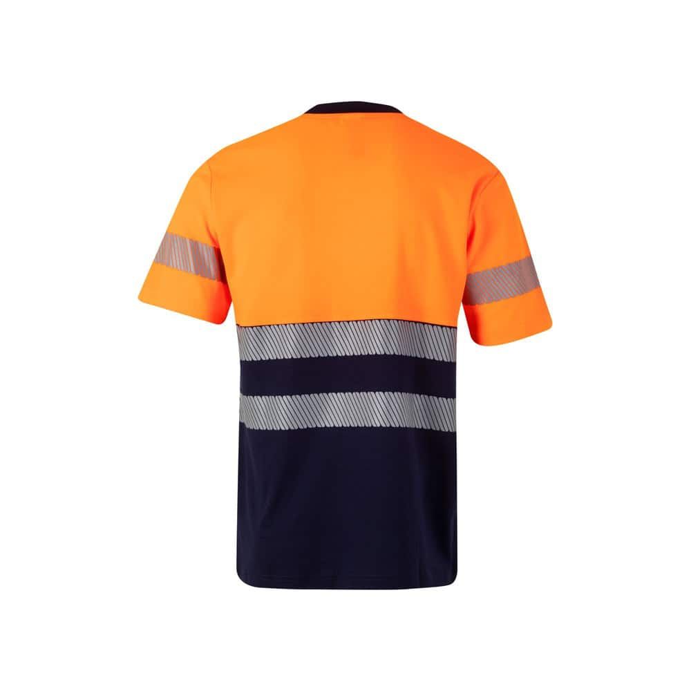 Orange och navyblå piké-T-shirt med reflexband för säkerhet.