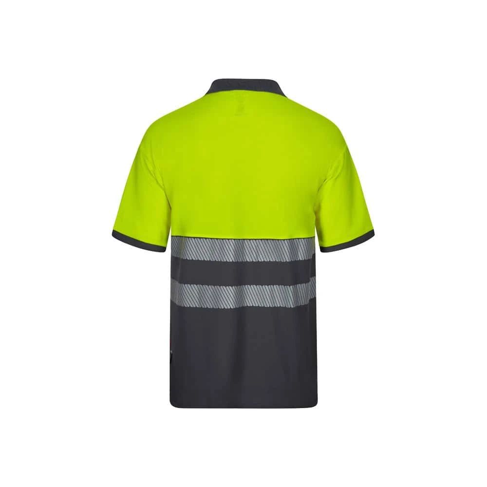 Reflexväst i neonfärgat material med reflekterande band för säkerhet.