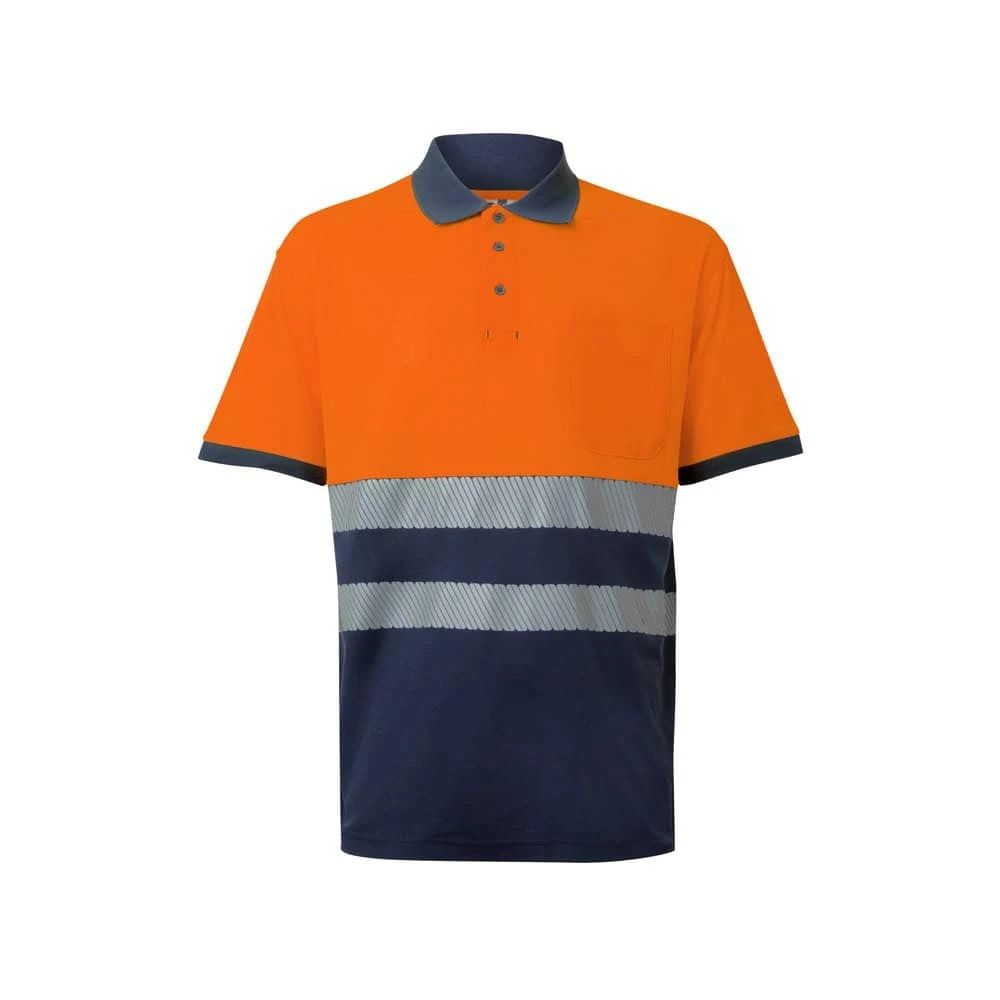 Tvåfärgad pikétröja i orange och navy med reflexremsor, korta ärmar, bomull och polyester.