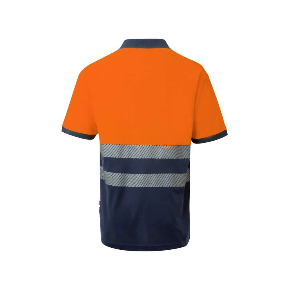Färgglad arbetsväst i orange och navy med reflekterande band.