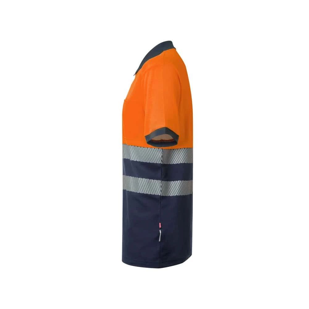 Reflekterande arbetskläder i orange och navyblått.