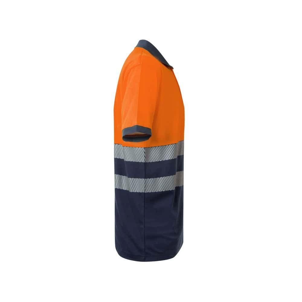 Arbetskläder i orange och navy med reflexband för säkerhet.