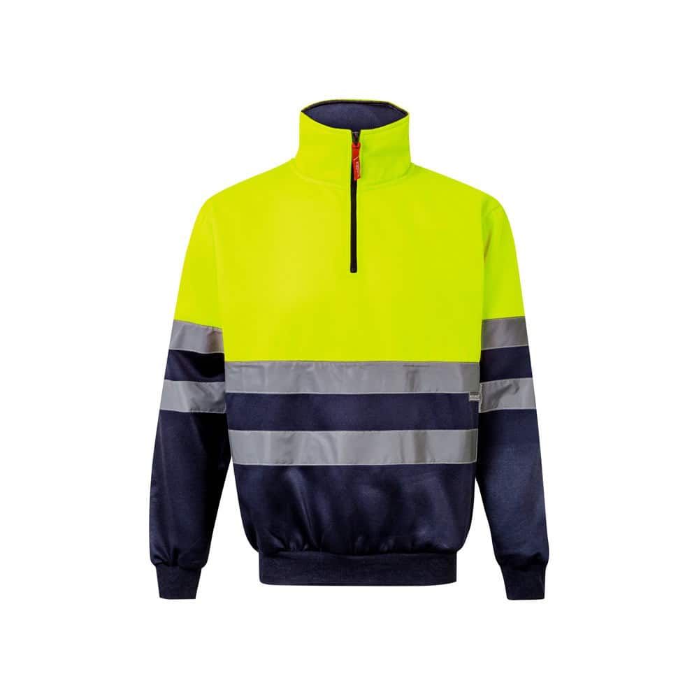 Svart och gul reflexsweatshirt i polyesterfleece för säkerhet och synlighet.