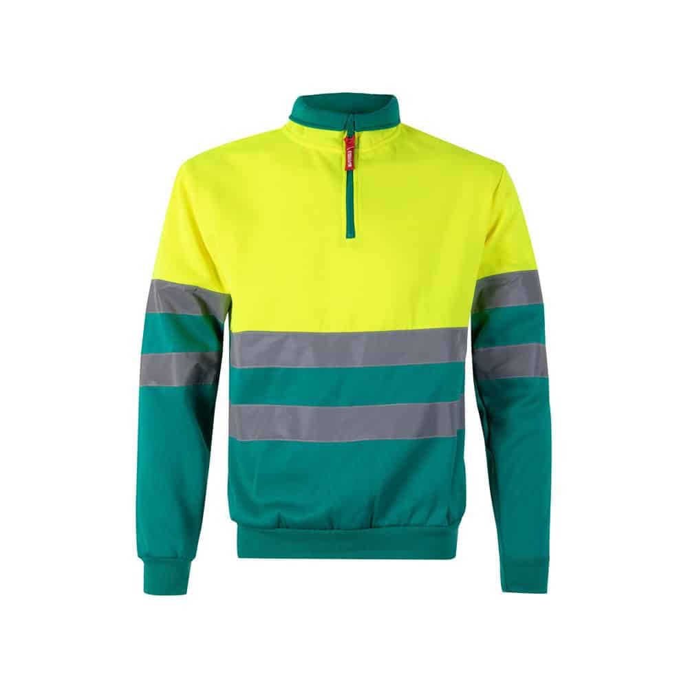 Färgglad tvåfärgad sweatshirt i polyesterfleece, gul och grön med reflexremsor.