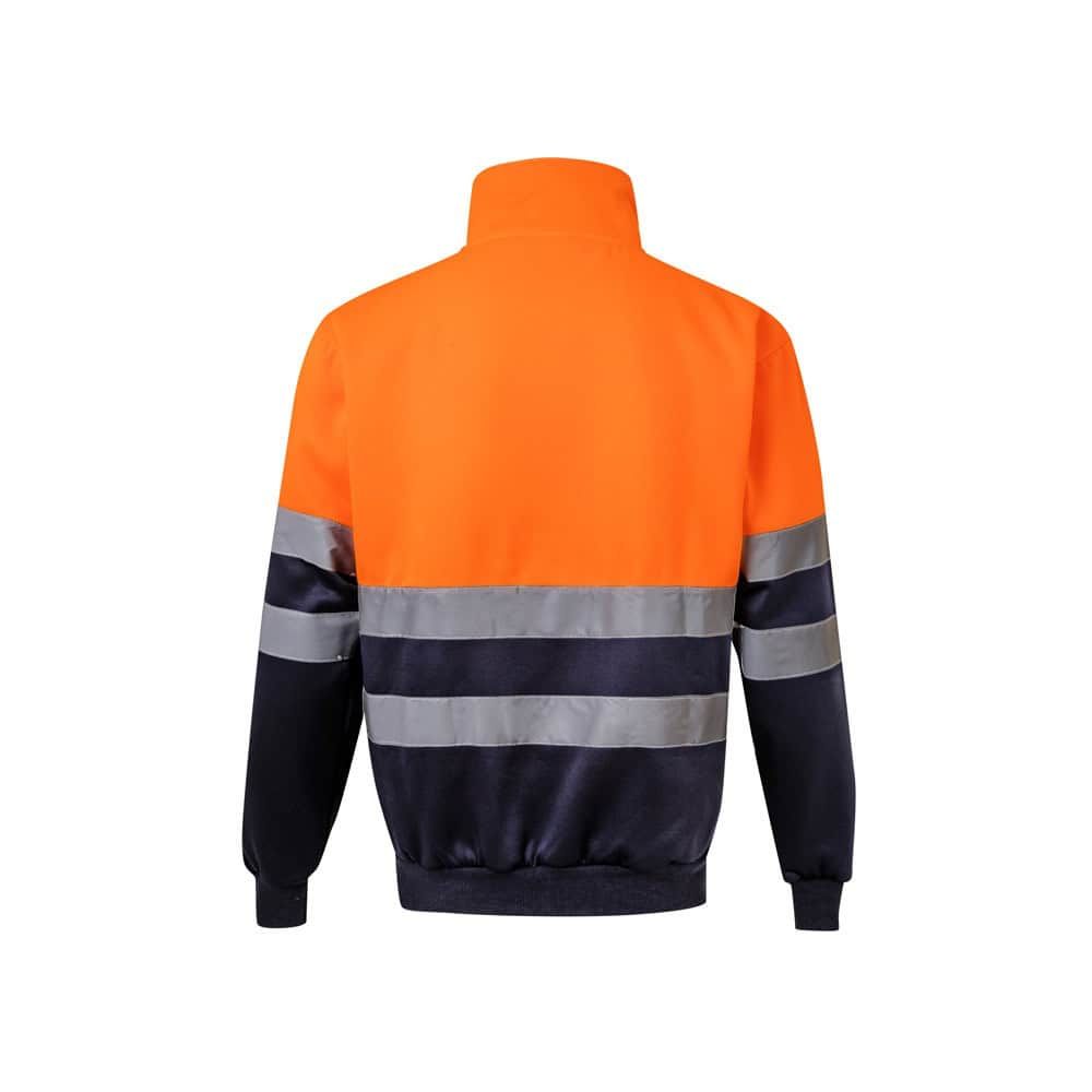 Orange och navyblå varningsjacka med reflekterande band för säkerhet.