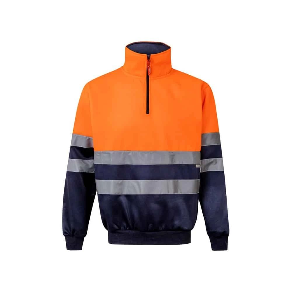 Högsynlig arbetsväst i orange och navy med reflekterande band.