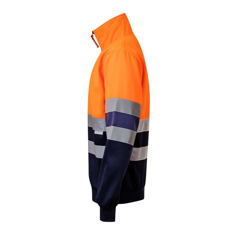 Reflekterande arbetsväst i orange och navyblått.
