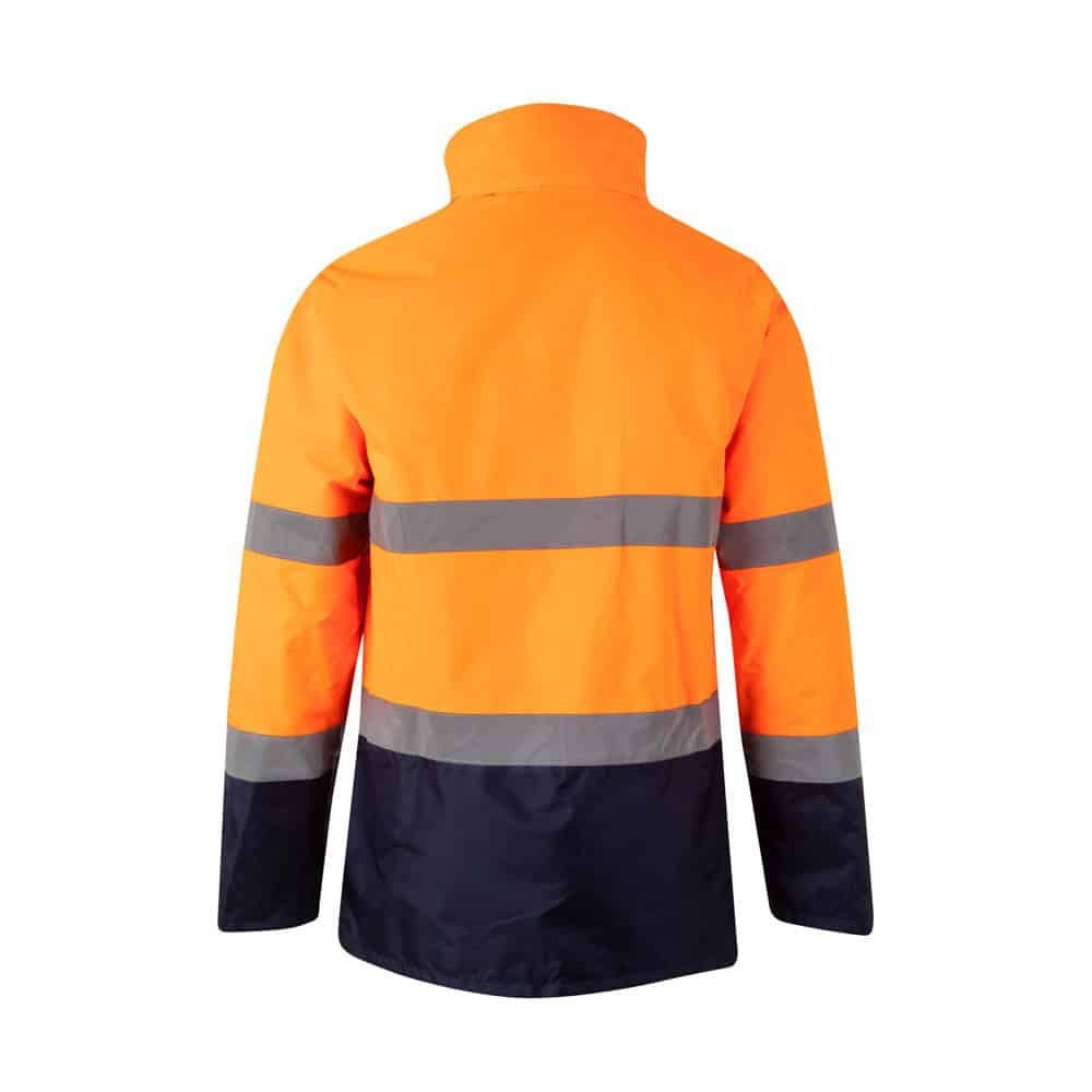 Orange och navyblå parkas med reflekterande band för synlighet.