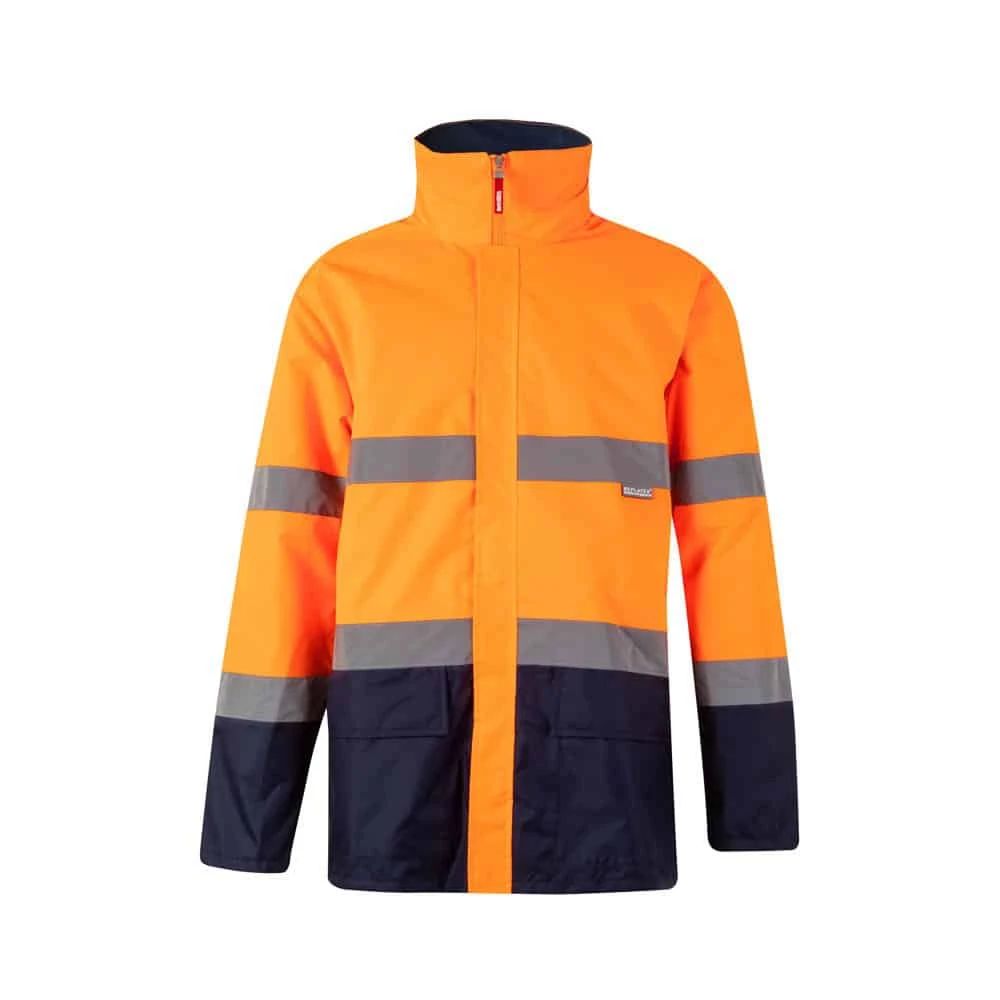 Reflekterande arbetsväst i orange och navyblått.