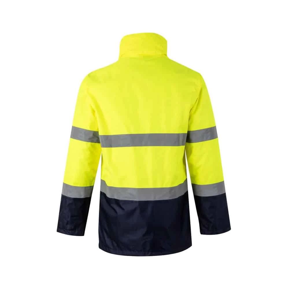 Reflekterande varningsjacka i polyester, tvåfärgad med gul och navyblå färg, PU-beläggning för väder.