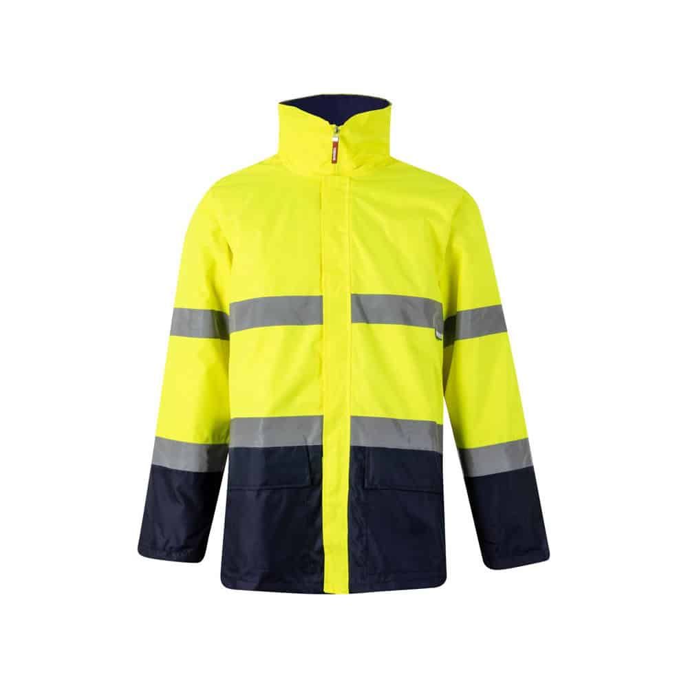 Tvåfärgad reflexparkas i polyester med PU-beläggning, hög synlighet och vattentålig.