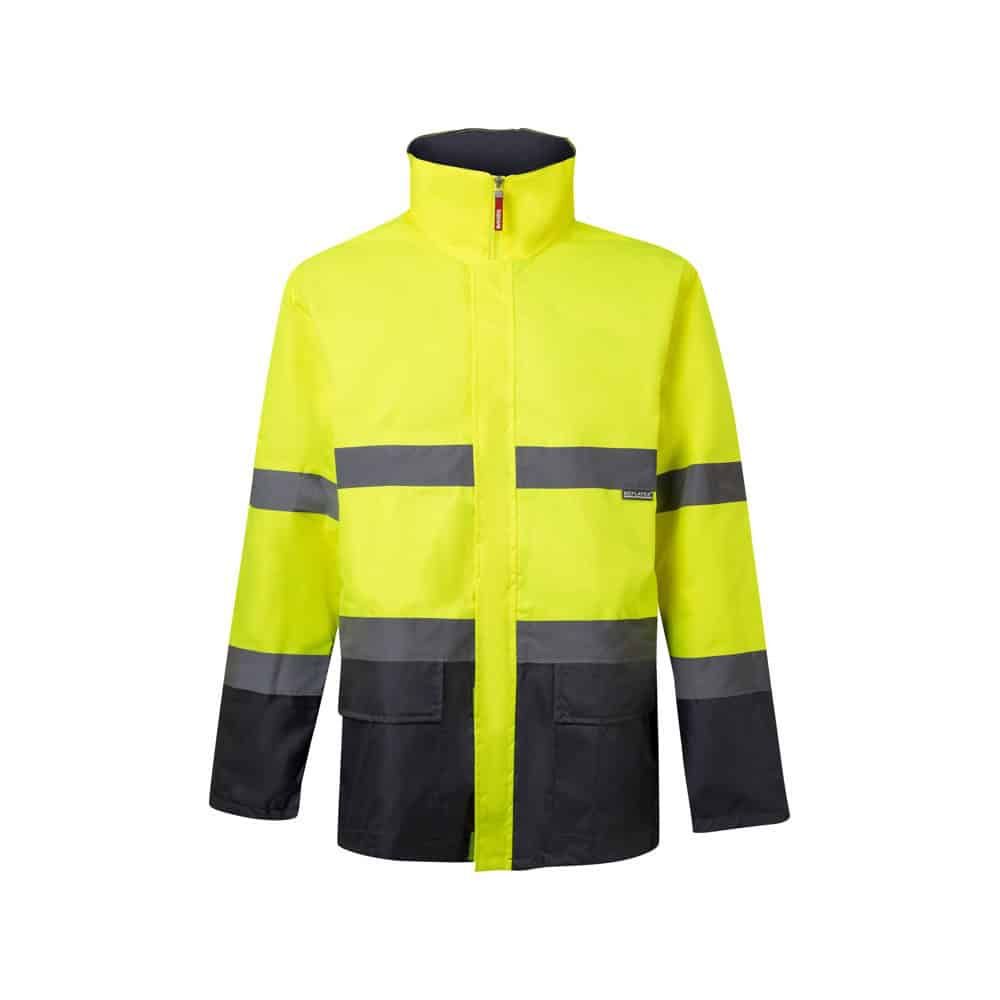 Tvåfärgad reflexparkas i polyester med PU-beläggning, synlig för säkerhet.
