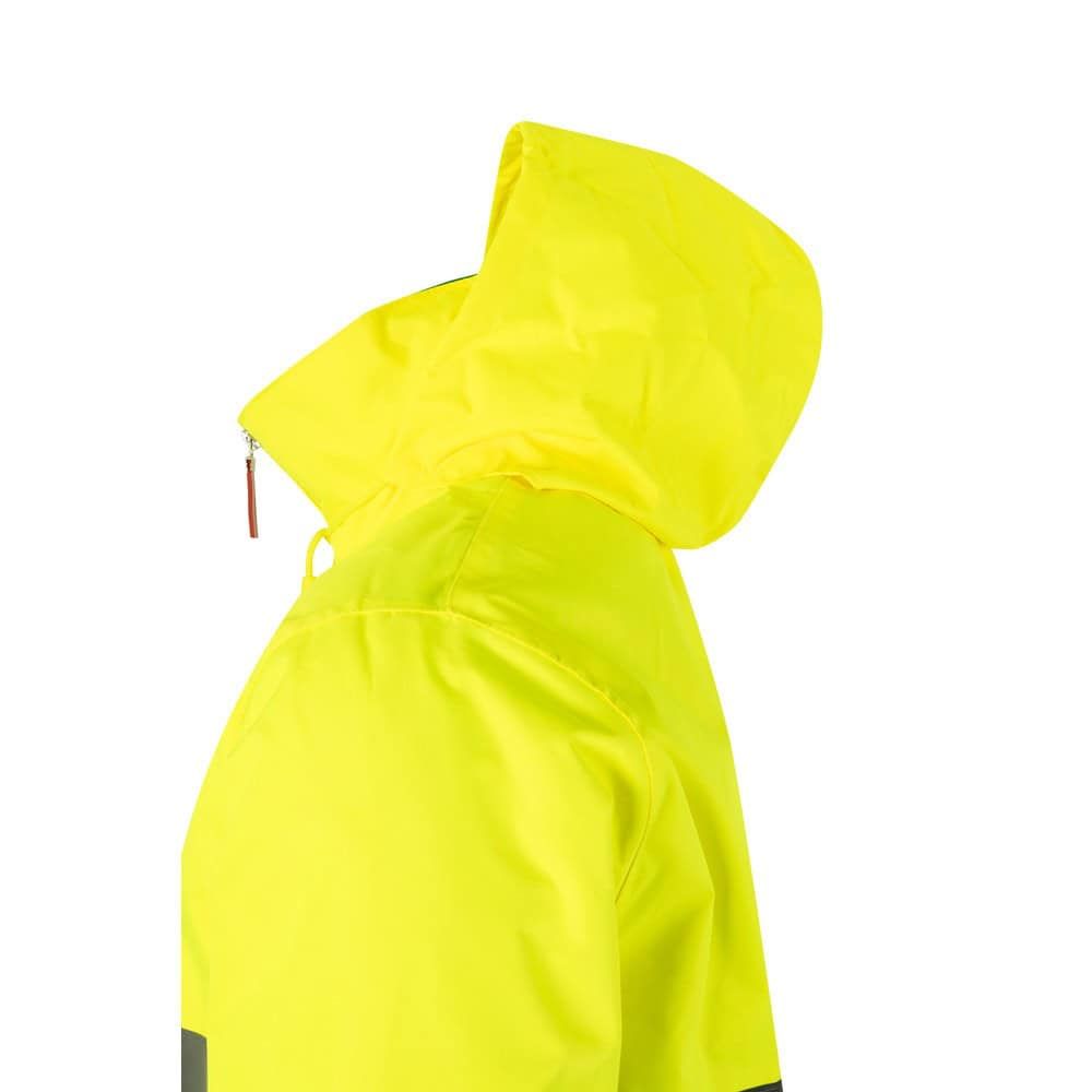 Högsynlig, tvåfärgad parkas i polyester med PU-beläggning för utomhusbruk.
