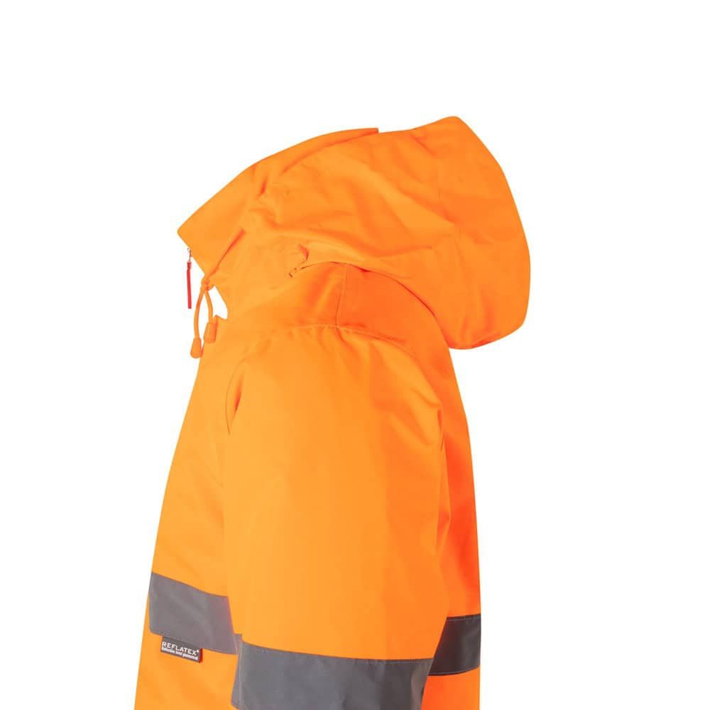 Hög synlighet parkas i orange med reflekterande band.