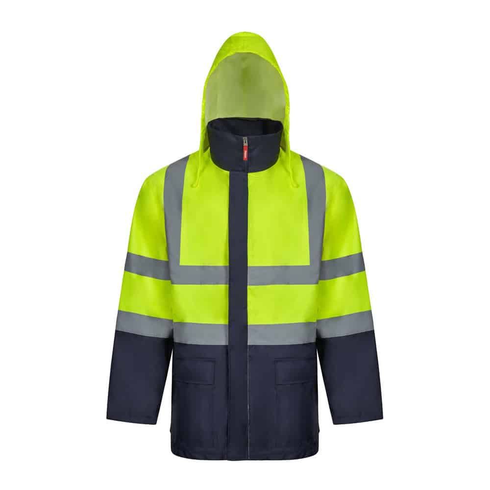 Högsynlig arbetsväst i reflexmaterial och mörkblått tyg, perfekt för säkerhet och synlighet.