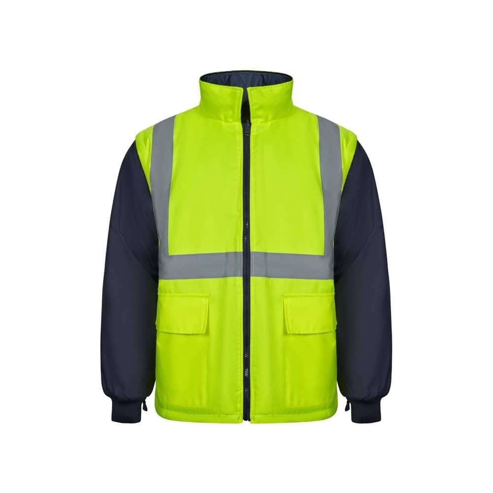 Högsynlig reflexväst i gul och svart, 4-i-1 parkas, polyester med PU-beläggning.